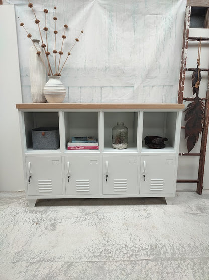 White 8 Door Industrial Metal Sideboard Locker with Oak top with open top display shelving
