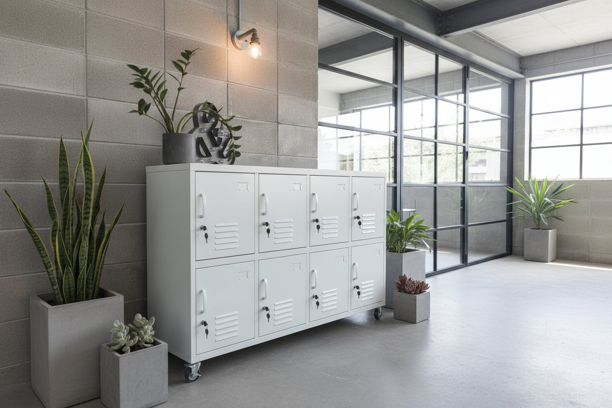 White 8 Door metal locker with caster wheels