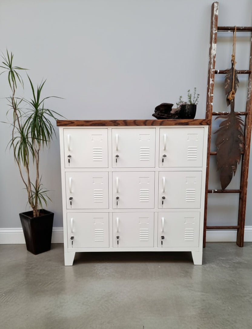 White 9 Door metal locker cabinet with Dark oak top
