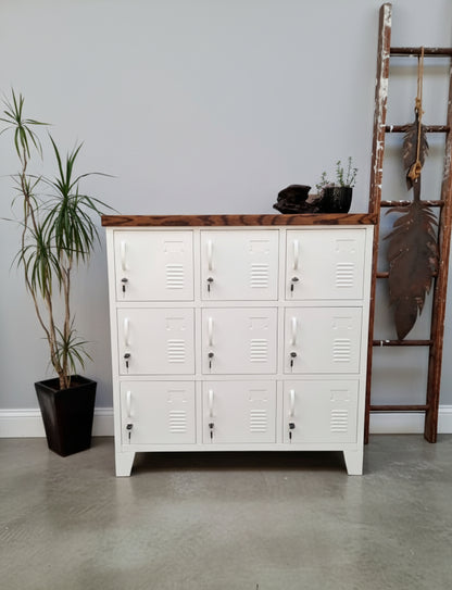White 9 Door metal locker cabinet with Dark oak top