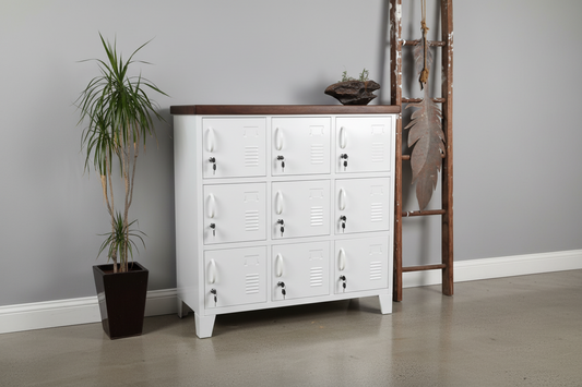 White 9 Door metal locker with Dark Rimu top