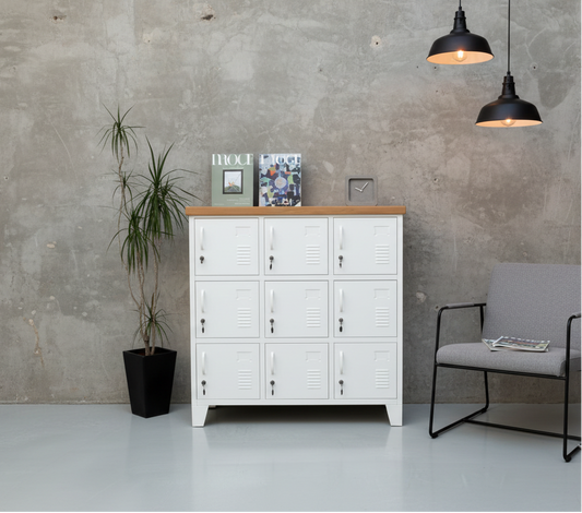 White 9 door metal locker cabinet with Rimu top in waiting room