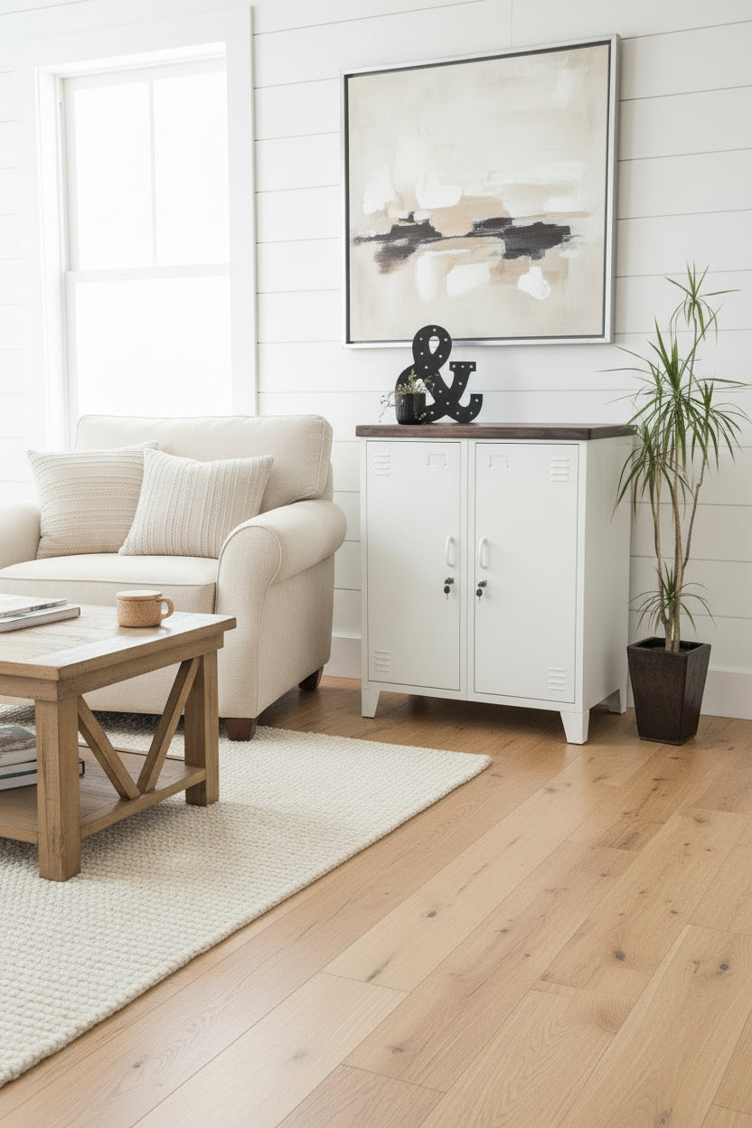 White Double side cabinet locker with aDark Rimu top in a lounge room