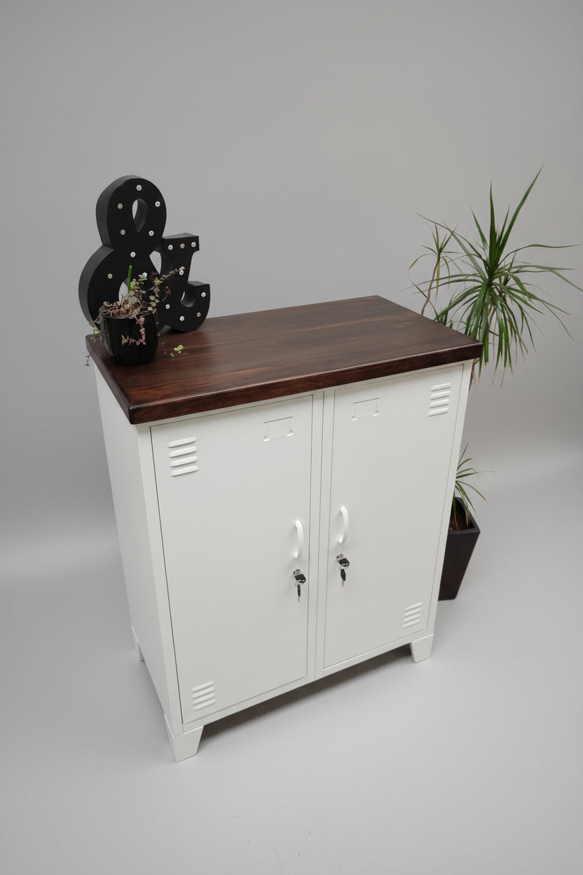 White Double side cabinet with Dark stained Rimu top, showcasing the top of the cabinet