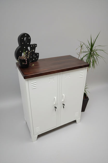 White Double side cabinet with Dark stained Rimu top, showcasing the top of the cabinet