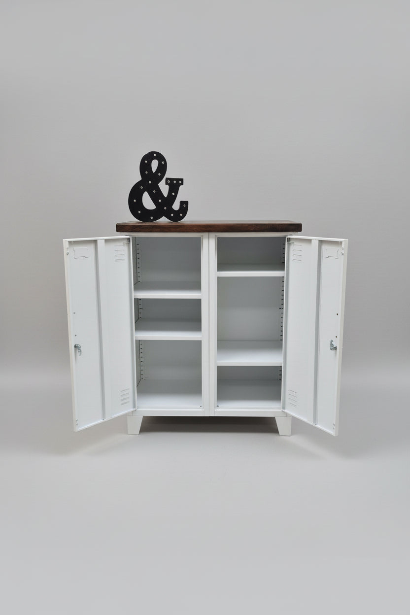 White Double side cabinet with recycled Dark Rimu top with open doors, showing adjustable shelves