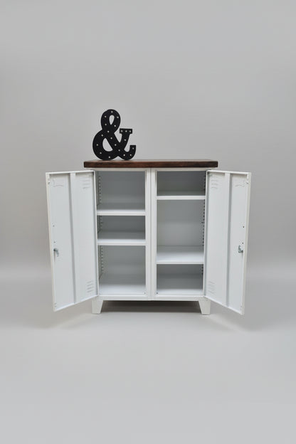 White Double side cabinet with recycled Dark Rimu top with open doors, showing adjustable shelves
