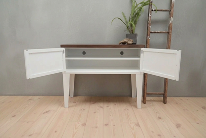 White Industrial Metal Hall Table Cabinet  with Dark Oak top– Storage Console doors open showing shelf