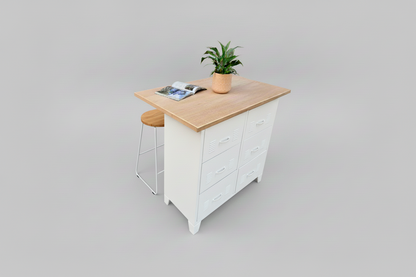 White Industrial Kitchen island with 6 drawers and Oak top