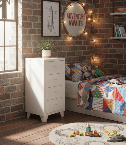 White Industrial Metal 4 Drawer Cabinet in childs bedroom