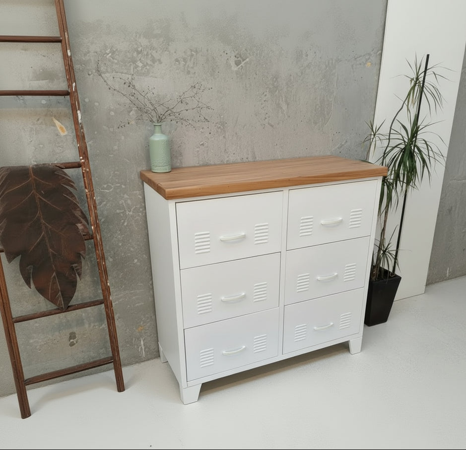 White Industrial Metal 6 Drawer Cabinet Large Tallboy with Rimu top