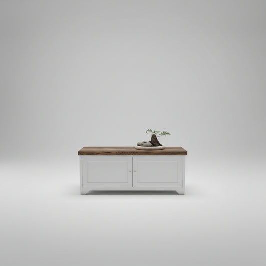 White Industrial Metal Coffee Table with Rustic Oak top- Cabinet with Storage