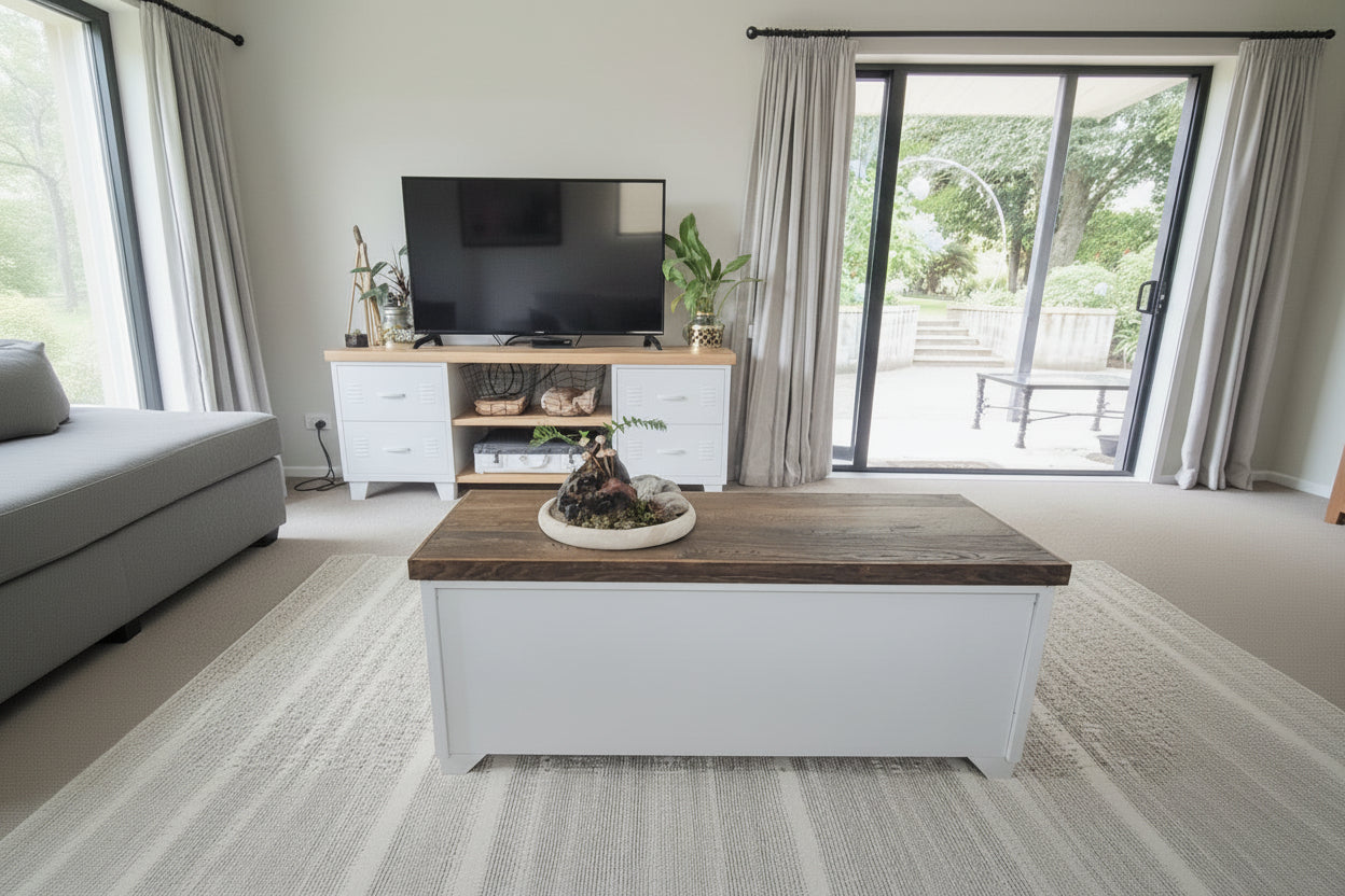Back view of White Industrial Metal Coffee Table with Rustic Oak top- Cabinet with Storage