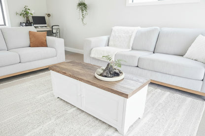 White Industrial Metal Coffee Table with Rustic Oak top- Cabinet with Storage