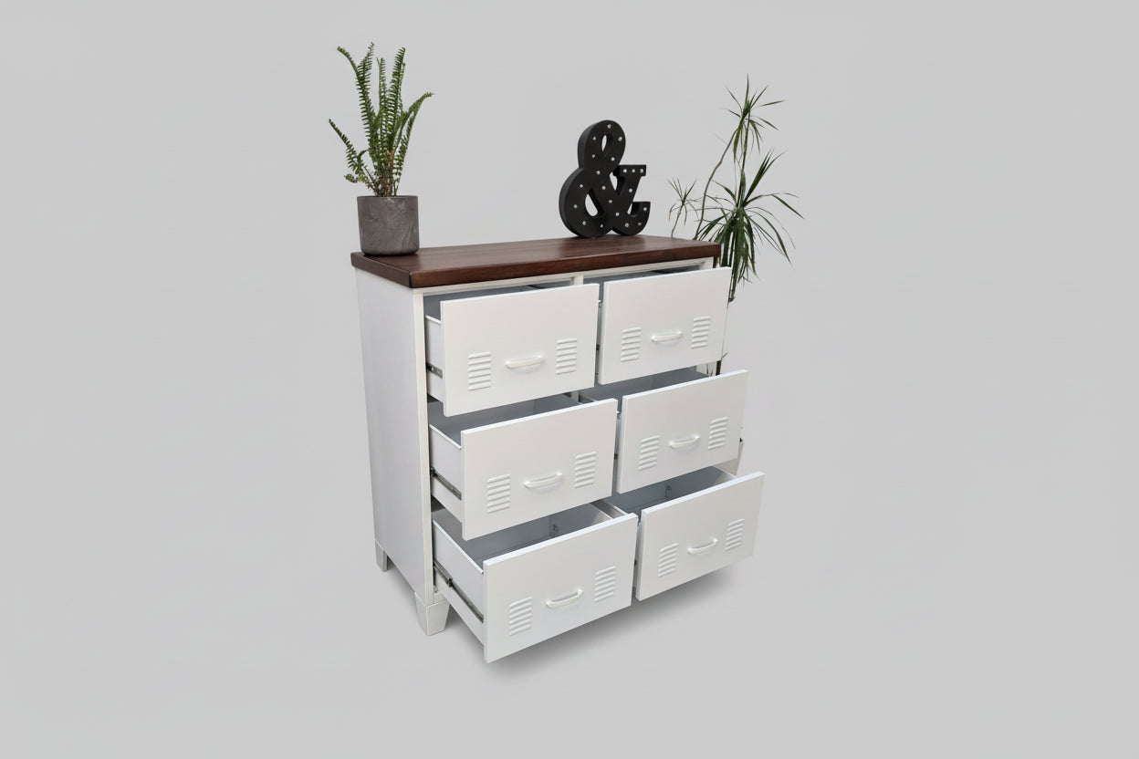 White Industrial Metal Drawer Cabinet – Tallboy with dark Rimu top. drawers open