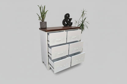 White Industrial Metal Drawer Cabinet – Tallboy with dark Rimu top. drawers open