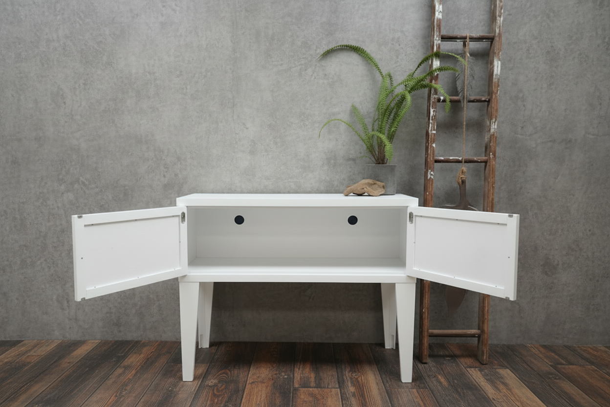 Industrial Metal Hall Table Cabinet – Storage Console White with open doors