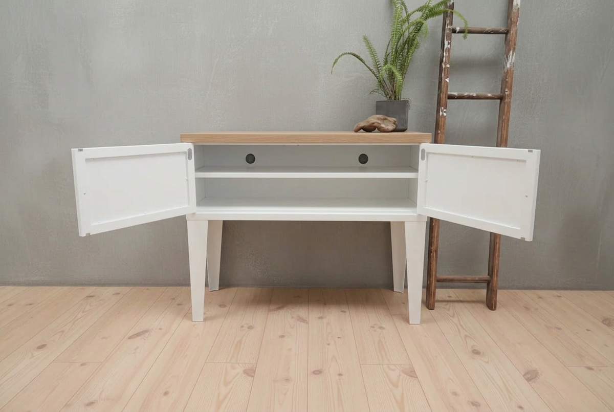 White Industrial Metal Hall Table Cabinet  with Oak top– Storage Console doors open showing shelf