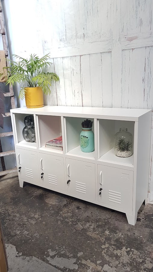 White metal open shelving unit . Industrial bookshelves, lockable storage