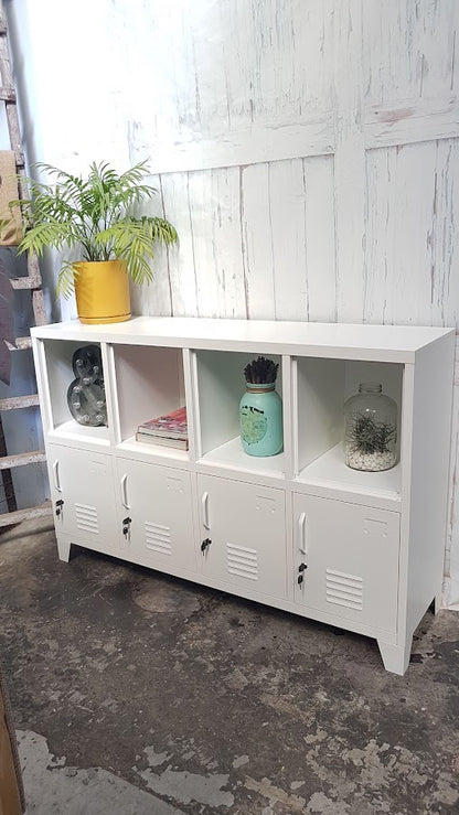 White metal open shelving unit . Industrial bookshelves, lockable storage