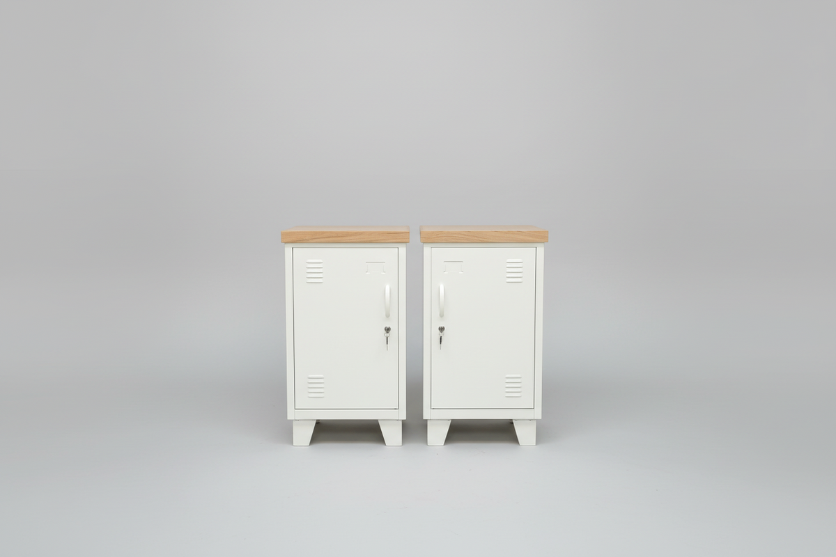 White Bedside Locker Set (Pair) with Oak Top – Metal Storage NZ – NZ ...
