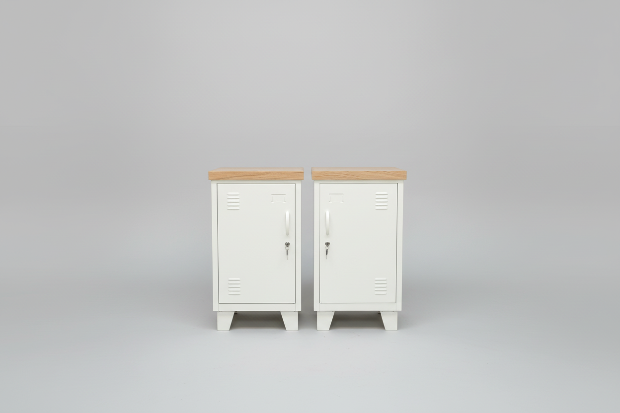 Two white mini lockers with wooden tops on a gray background