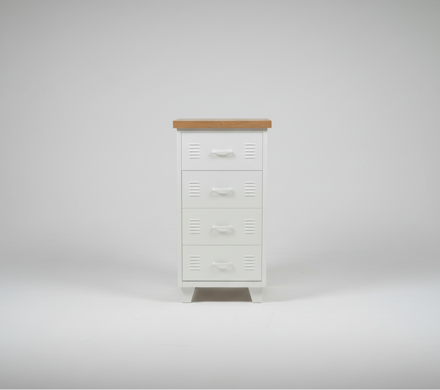 White Metal 4 Drawer tallboy cabinet with Oak top
