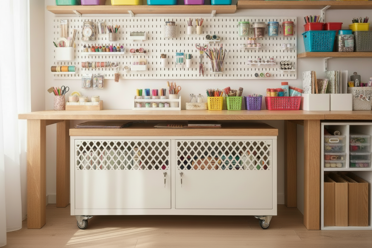 White Metal Cabinet on caster wheels with an Oak top being used as under bench storage