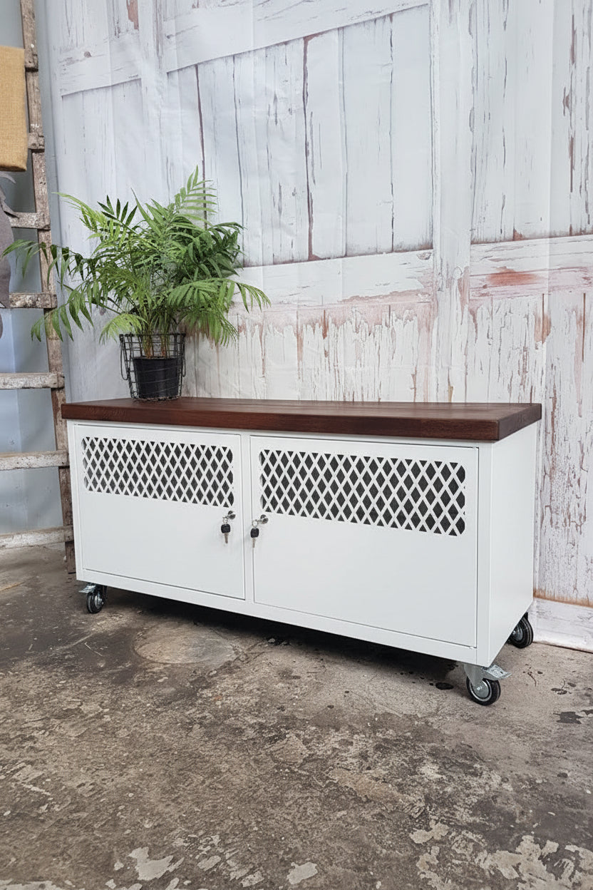 White Metal Cabinet on caster wheels with an Dark Oak top 