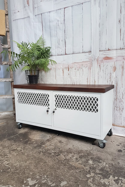 White Metal Cabinet on caster wheels with an Dark Oak top 