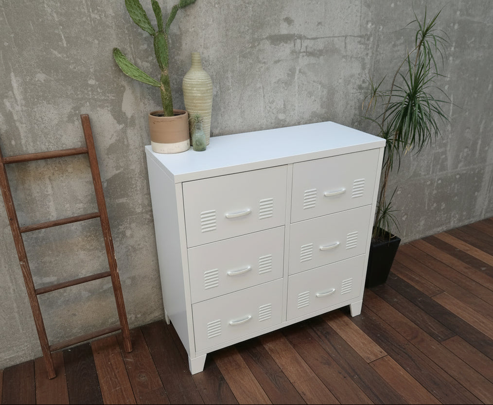 White Metal Drawer Cabinet – 6 Drawer Industrial Storage Unit NZ