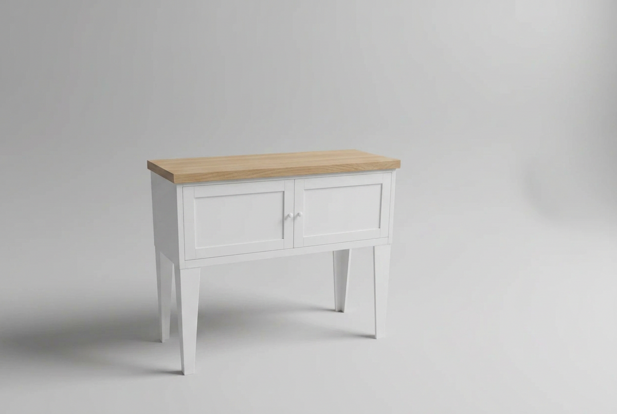 White Industrial Metal Hall table console with Oak top in grey studio shot