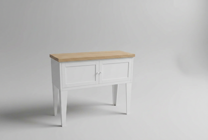 White Industrial Metal Hall table console with Oak top in grey studio shot