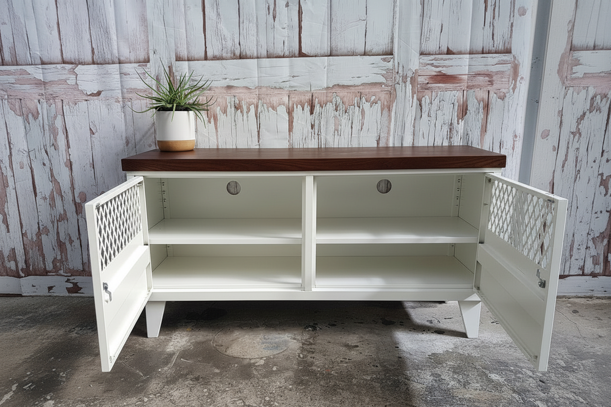 White Metal TV Cabinet with dark herringbone Oak top. Doors open to show adjustable shelves and cable holes