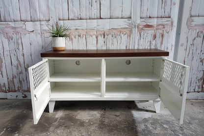 White Metal TV Cabinet with dark herringbone Oak top. Doors open to show adjustable shelves and cable holes