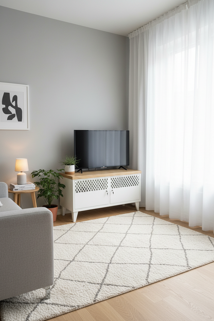 White Metal TV Cabinet - with Oak top lockable Lattice doors