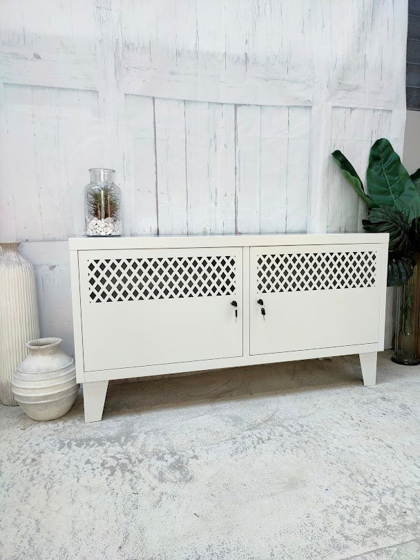 White Metal TV Cabinet with lockable hidden storage. Lock devices away