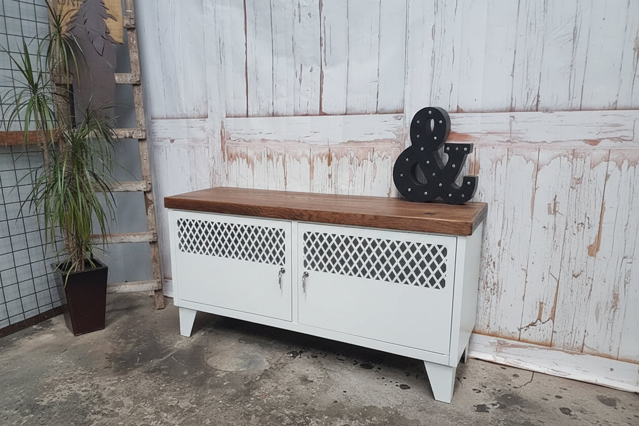 White Metal TV Cabinet  with Dark Oak timber top hidden storage