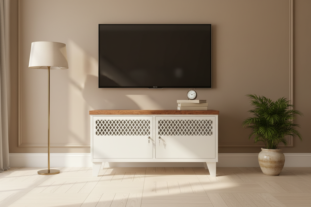 White Metal TV Cabinet with Dark Oak top under wall mounted TV in a scandy lounge