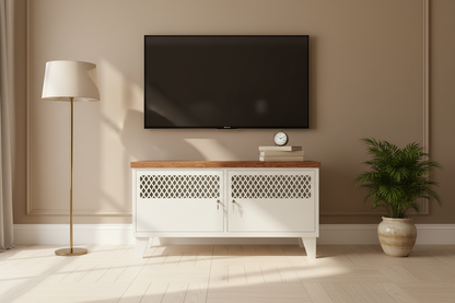 White Metal TV Cabinet with Dark Oak top under wall mounted TV in a scandy lounge