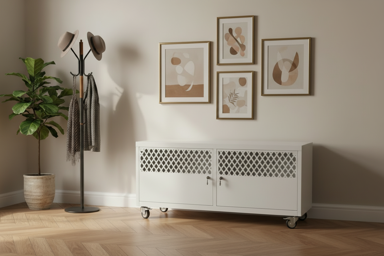 White Metal TV Cabinet with caster wheels