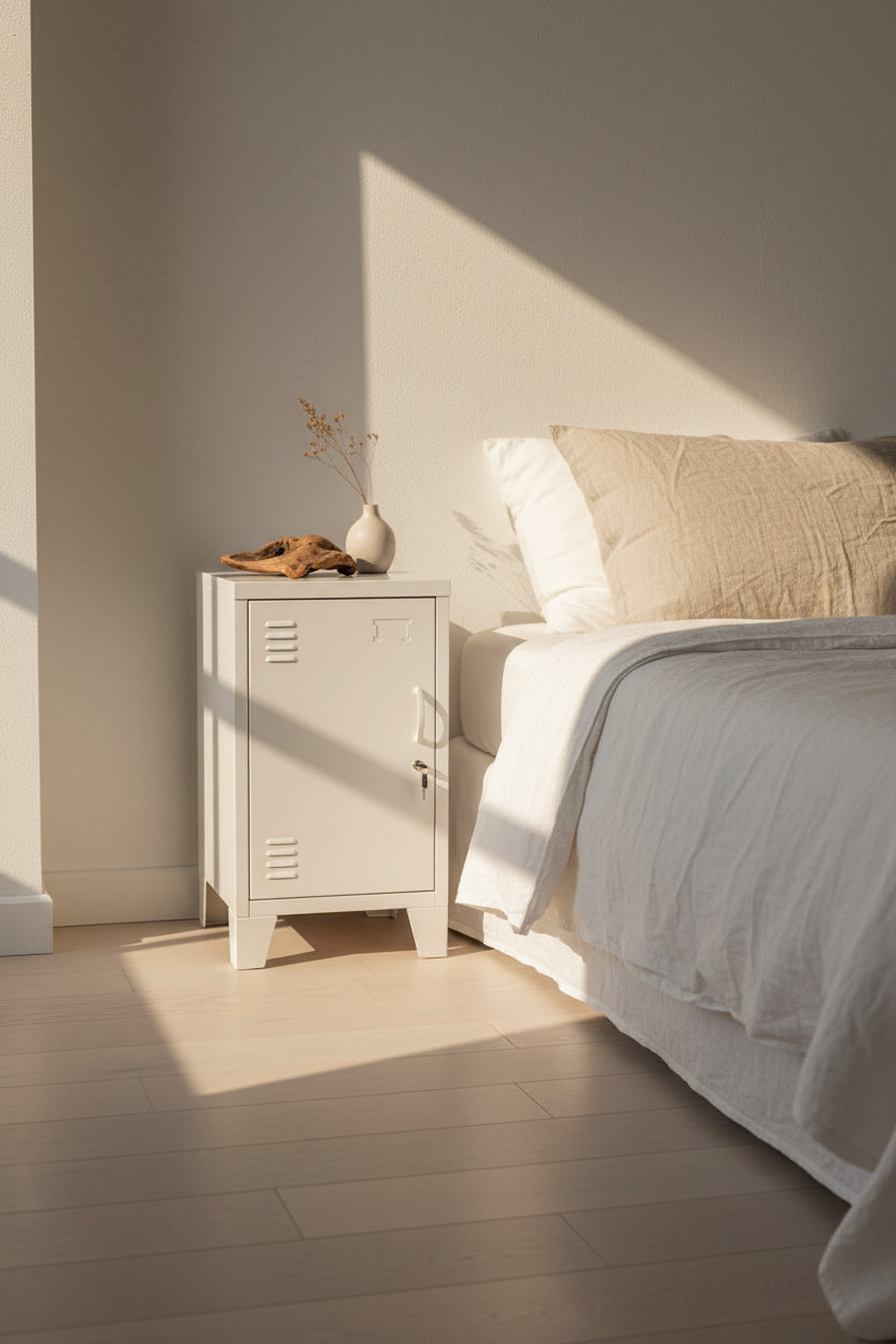 White Metal left opening mini locker cabinet by the bed as the beside cabinet