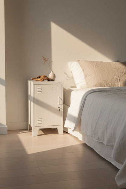 White Metal left opening mini locker cabinet by the bed as the beside cabinet