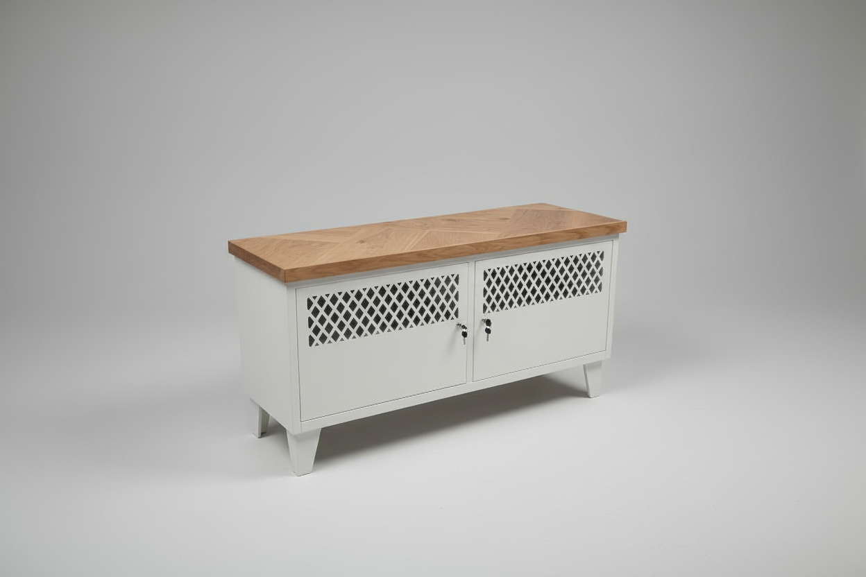 White metal TV cabinet with herringbone top studio shot