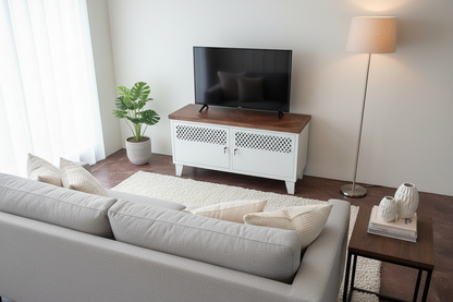 White metal Tv cabinet with dark herringbone top with small TV on it 