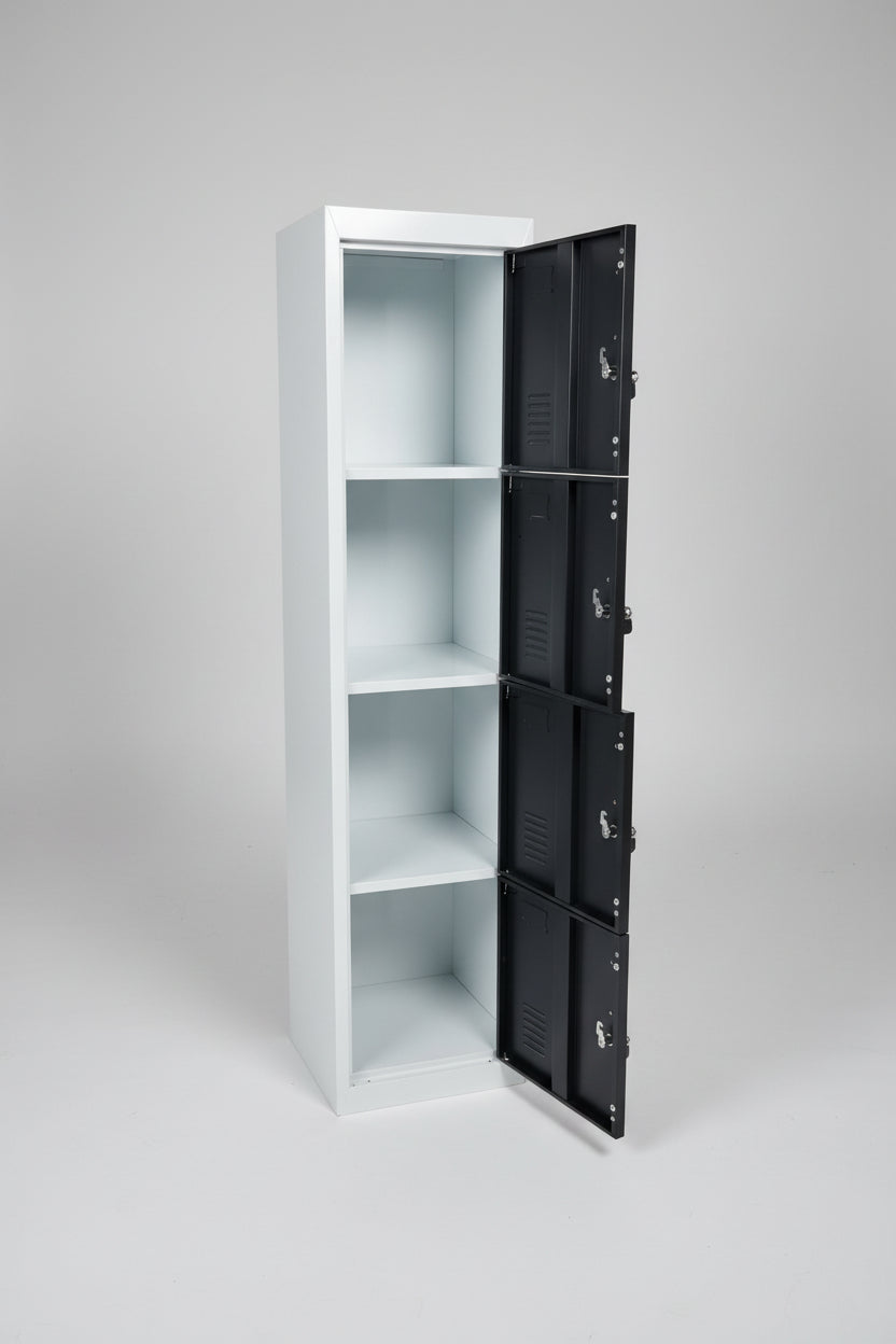 White and Black 4 Door staff locker with doors open to show inside