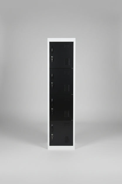Tall black locker with white frame in a warehouse setting