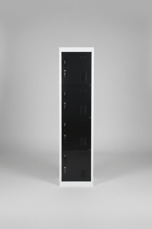 Tall black locker with white frame in a warehouse setting