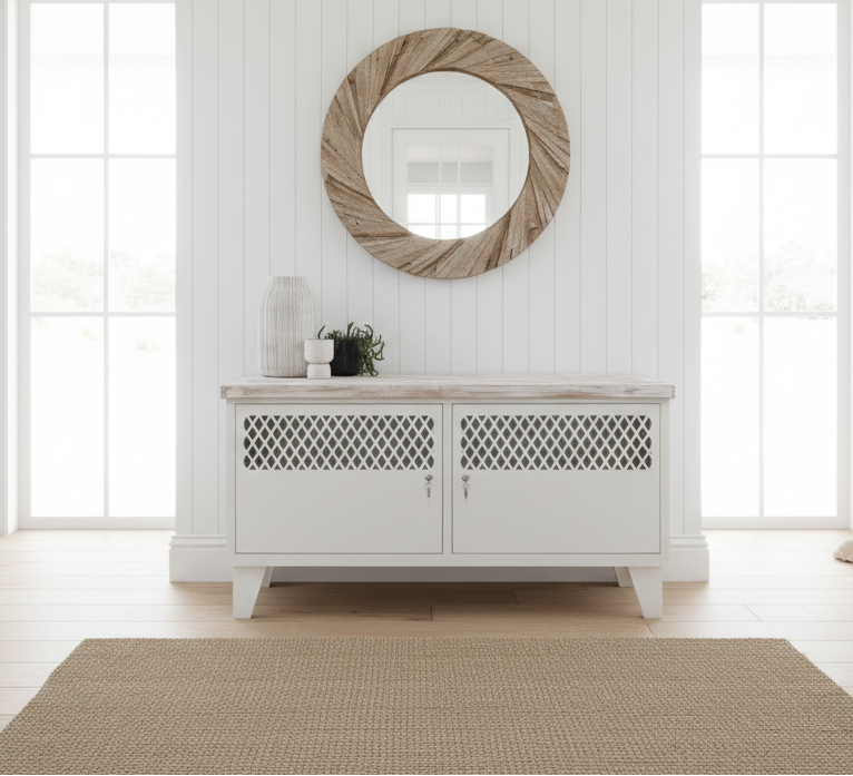 White cabinet with lattice design doors with blue T&G top in a beachy entranceway as shoe storage