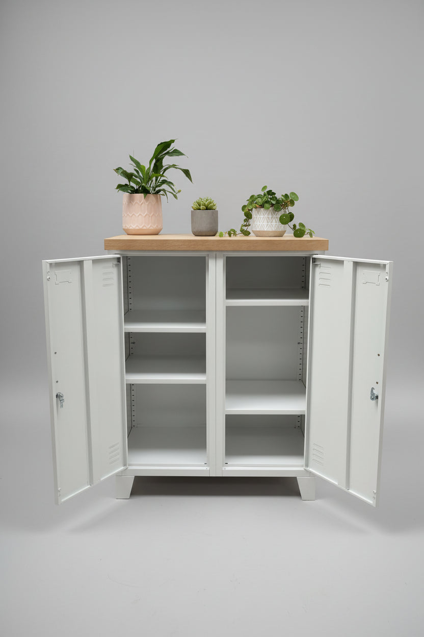 White double side cabinet with Oak top. Showing open doors with adjustable shelves inside